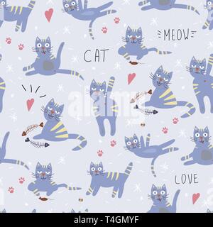 vector seamless pattern with cute emotion cat Funny cartoon characters Stock Vector