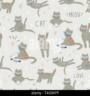 vector seamless pattern with cute emotion cat Funny cartoon print Stock Vector