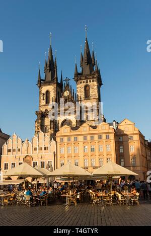 Restaurant in front of Tyn Church, Old Town, Prague, Bohemia, Czech Republic Stock Photo