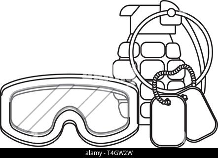 military goggles with grenade and dog tag plate icon cartoon black and white vector illustration graphic design Stock Vector