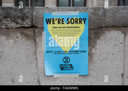 London, UK. 16th April 2019. A poster apologising for inconvenience caused by climate change activists from Extinction Rebellion occupying Waterloo Br