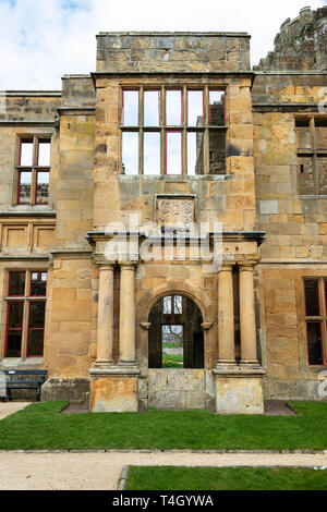 The porch of the 17th century extension to Belsay Castle, a 14th century peel tower, in Northumberland, England, UK Stock Photo