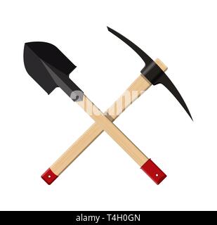 Crossed shovel and pickaxe. Miners hand tool for extracting minerals. Symbol of manual workers. Vector illustration in flat style Stock Vector