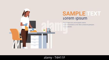 housewife cleaning computer table with duster african american woman wiping workplace desk housework concept female cartoon character full length flat Stock Vector