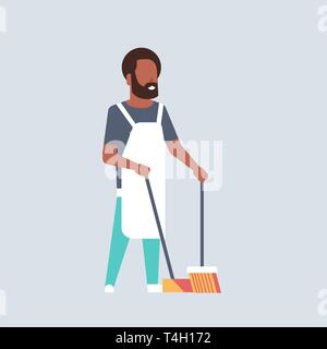 man sweeping floor with broom and scoop african american guy doing housework house cleaning concept male cartoon character full length flat gray Stock Vector