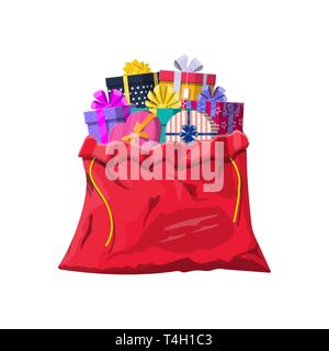 Gift boxes in cloth bag. Colorful wrapped. Sale, shopping. Present boxes different sizes with bows and ribbons. Collection for birthday and holiday. V Stock Vector