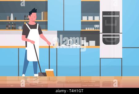 man sweeping floor with broom and scoop young guy doing housework house cleaning concept modern kitchen interior male cartoon character full length Stock Vector