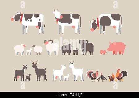 set farm animal cow goat pig turkey sheep chicken icons different domestic animals collection farming concept flat horizontal Stock Vector