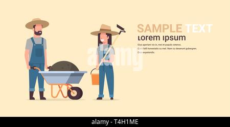 gardener man with wheelbarrow of earth woman holding hoe and bucket couple farmers planting plants flowers and vegetables working in garden gardening Stock Vector