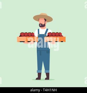 male farmer holding boxes with red ripe tomatoes man harvesting vegetables agricultural worker eco farming concept flat full length Stock Vector