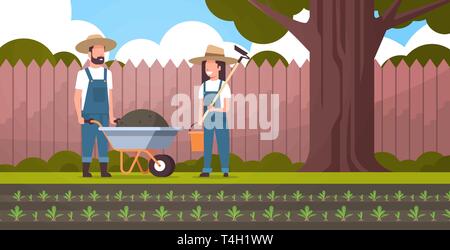 gardener man with wheelbarrow of earth woman holding hoe and bucket couple farmers planting beet plants vegetables gardening concept full length Stock Vector