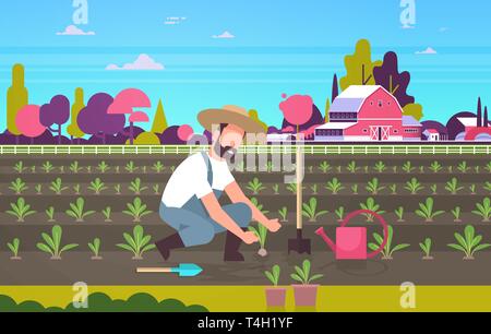 male farmer planting young seedlings plants vegetables man working in garden agricultural worker eco farming concept farmland field countryside Stock Vector