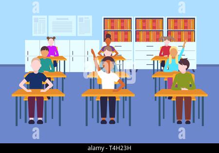 Schoolboy raising hand at lesson, boy sitting by table Stock Vector ...