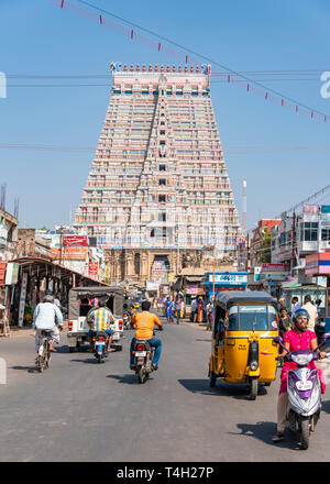 Vertical streetview of Sri Ranganathaswamy Temple in Trichy, India. Stock Photo