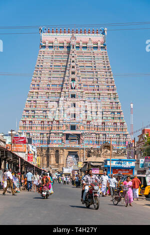Vertical streetview of Sri Ranganathaswamy Temple in Trichy, India. Stock Photo