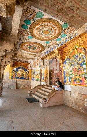 Vertical view inside Sri Ranganathaswamy Temple in Trichy, India. Stock Photo