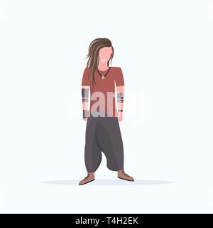 happy long haired man hippie standing pose smiling guy wearing trendy clothes male cartoon character full length flat white background Stock Vector