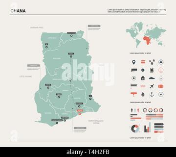 Vector map of Ghana.  High detailed country map with division, cities and capital Accra. Political map,  world map, infographic elements. Stock Vector