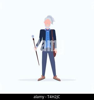 casual mature man standing pose smiling senior gray hair person wearing trendy clothes male cartoon character full length flat white background Stock Vector