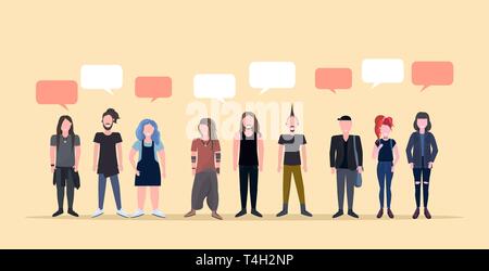 happy men women standing together chat bubble communication smiling people with different hairstyles male female cartoon characters full length flat Stock Vector