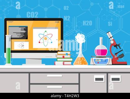 Laboratory equipment, jars, beakers, flasks, scales, microscope and pile of books. Computer with software. Biology science education medical. Vector i Stock Vector