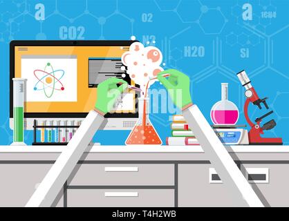 Laboratory equipment, jars, beakers, flasks, scales, microscope and pile of books. Computer with software. Biology science education medical. Vector i Stock Vector