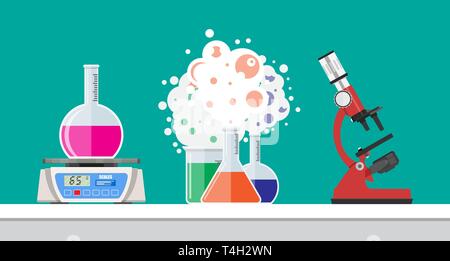Laboratory equipment, jars, beakers, flasks, microscope and scales. Biology science education medical. Vector illustration in flat style Stock Vector