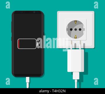 Smartphone and charger adapter. Low battery, addiction. Phone is charging from wall outlet. Vector illustration in flat style Stock Vector