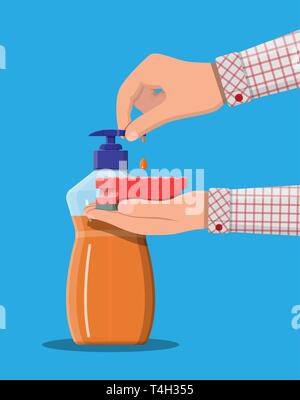 Bottle with dispenser and sponge in hands. Washing sponge. Kitchenware scouring pads. Kitchen and bath cleaning tool accestories. Vector illustration  Stock Vector