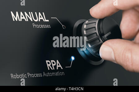 Hand turning a knob over dark grey background and selecting RPA (Robotic Process Automation) mode. Artificial Intelligence concept. Composite image be Stock Photo