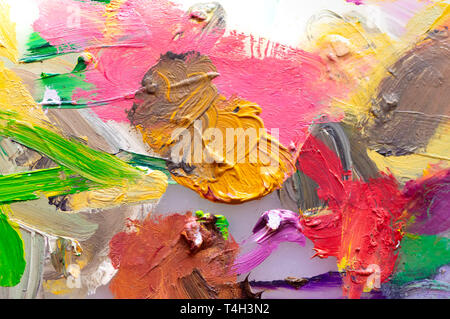 Background image of bright oil-paint palette closeup Stock Photo