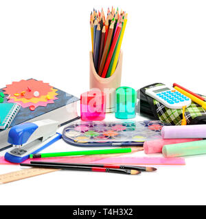 Collection of school supplies, isolated on pure white background. Stock Photo