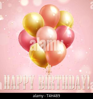 Happy Birthday greeting card with pink and yellow balloons on shining background. Vector banner. Stock Vector