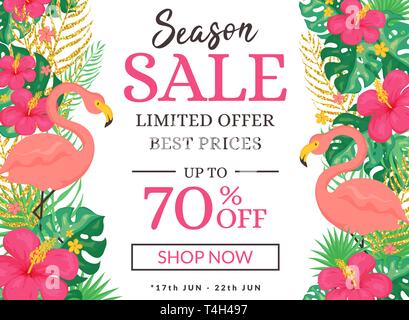 Sale banner with tropical background. Summer promotion template with pink flamingos and flowers. Vector illustration. Stock Vector