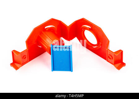 open tape dispenser in red and blue on white background Stock Photo