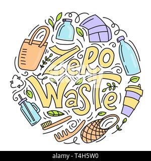 Zero waste concept. Eco lifestyle. No plastic. Recycle and reuse. Lettering with hand drawn elements. Modern linear doodle style. Vector illustration. Stock Vector
