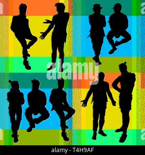 Collection of vector silhouettes of men. Hipsters, young guys in city clothes of different styles. Seated, standing, communicating. Templates for desi Stock Vector