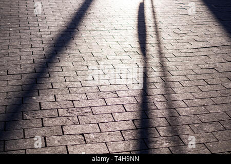 sun shadows on the tile paved sidewalk with perspective. background, lighting. Stock Photo