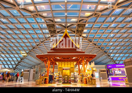 Bangkok, Thailand - April 19 2018: A small Thai pavilion opened as a shop for souvenir and traditional and local products at  Suvarnabhumi Airport Stock Photo