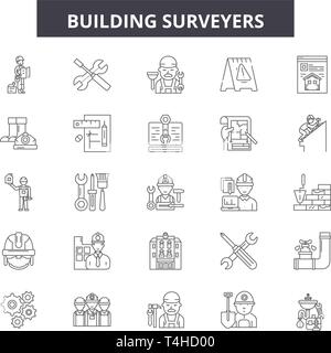 Building surveyors line icons, signs set, vector. Building surveyors outline concept illustration: building,surveyor,engineering,equipment,engineer,co Stock Vector