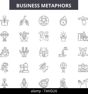 Business metaphors line icons, signs set, vector. Business metaphors outline concept illustration: business,metaphor,concept,success,flat Stock Vector