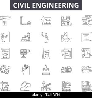 Civil engeneering line icons, signs set, vector. Civil engeneering outline concept illustration: skyhouse,web,civil,dehelmet,builder,construction Stock Vector