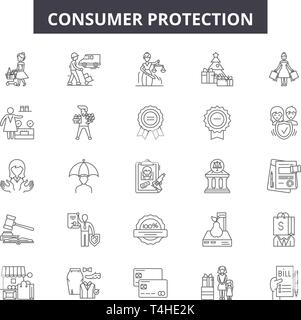 Consumer protection line icons, signs set, vector. Consumer protection outline concept illustration: protection,consumer,business,security,shop,purcha Stock Vector