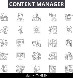 Content manager line icons, signs set, vector. Content manager outline concept illustration: content,management,business,technology,internet,web,netwo Stock Vector