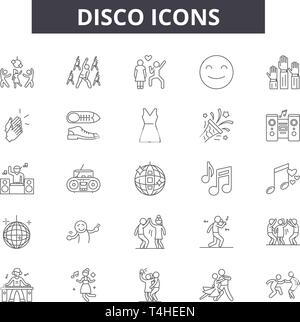 Disco line icons, signs set, vector. Disco outline concept illustration: party,music,disco,decelebration,event Stock Vector