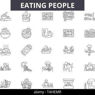 Eating people line icons, signs set, vector. Eating people outline concept illustration: man,people,pictogram,eat,silhouette,food Stock Vector