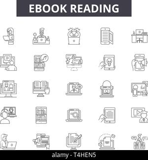 Ebook reading line icons, signs set, vector. Ebook reading outline concept illustration: ebook,book,library,education,literature,read,page Stock Vector