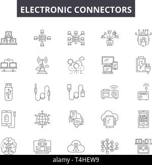 Electronic connectors line icons, signs set, vector. Electronic connectors outline concept illustration: connector,technology,cable,equipment,power,el Stock Vector
