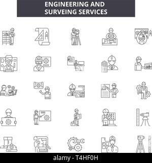 Engineering and surveing services line icons, signs set, vector. Engineering and surveing services outline concept illustration: flat,engineering,surv Stock Vector