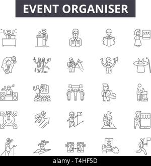 Event organizer line icons, signs set, vector. Event organizer outline concept illustration: event,calendar,organizer,date,time,reminder,business,symb Stock Vector